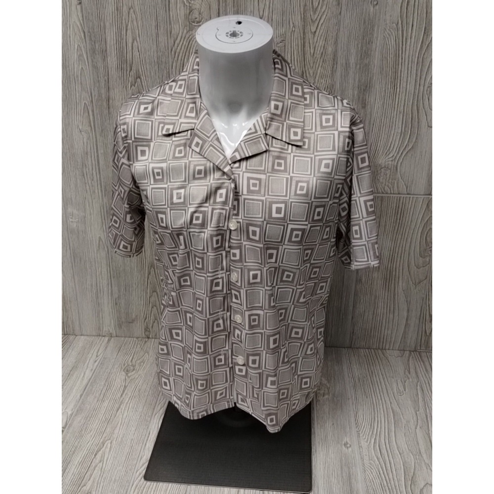 Blair‎ Women's Medium Brown Square Pattern Blouse Short Sleeve Button Up